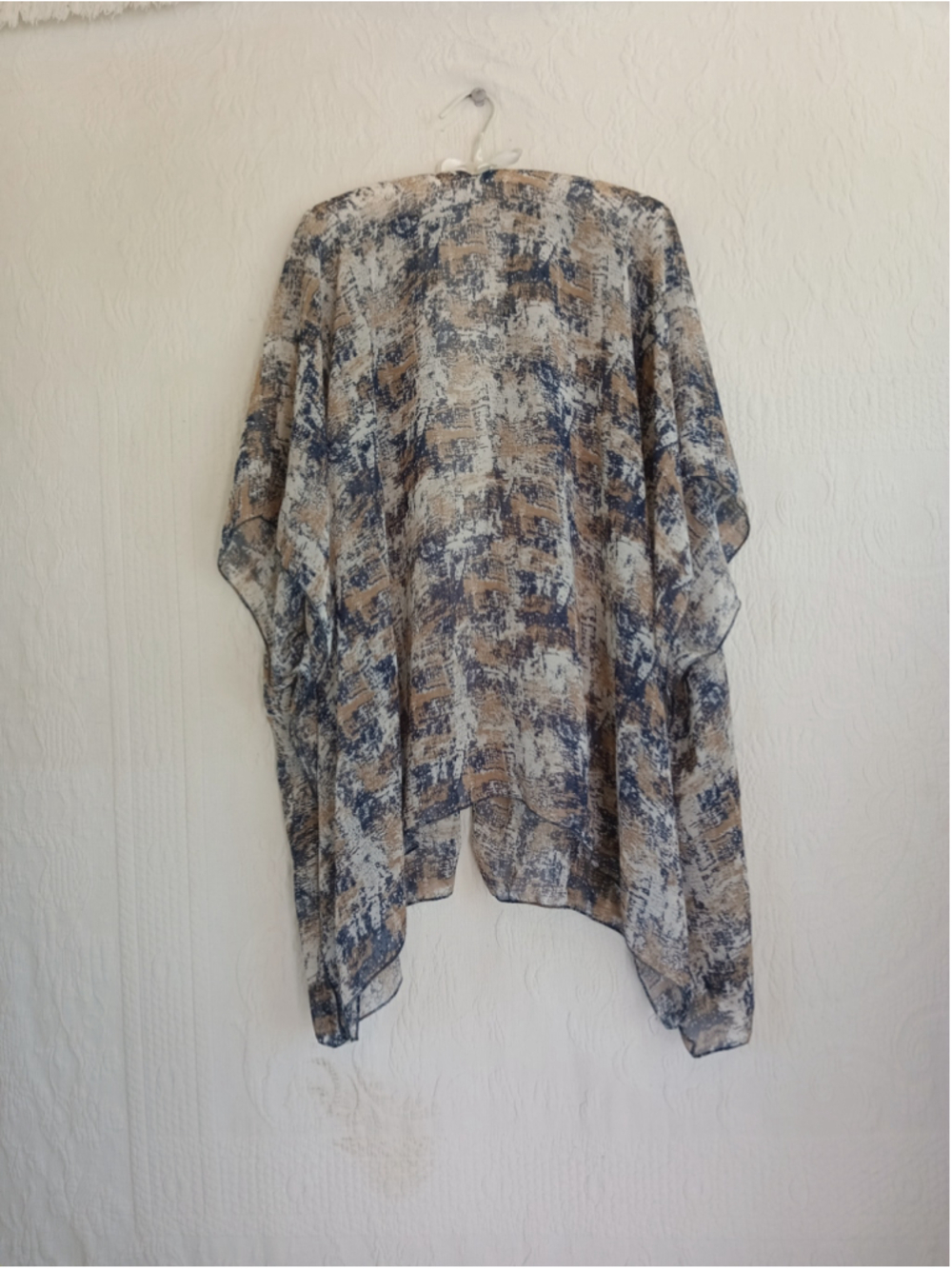 Sand n Sky Abstract Print Kimono sheer open front Blouse Beige Blue flowy draped - Picture 7 of 8